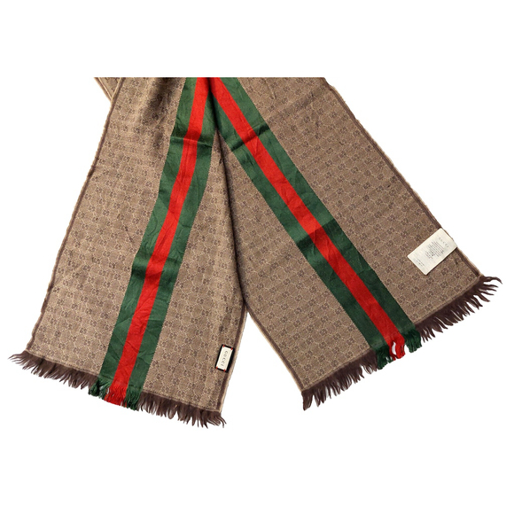 Gucci Brown & Beige GG Logo Print w/ Green Red Stripe Wool Silk Scarf Pre-owned - Picture 14 of 16